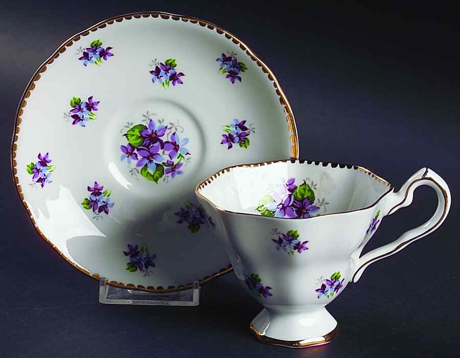 Sweet Violets (Not Embossed, Gold Drops Edge) Footed Cup & Saucer Set by Royal Stafford-1