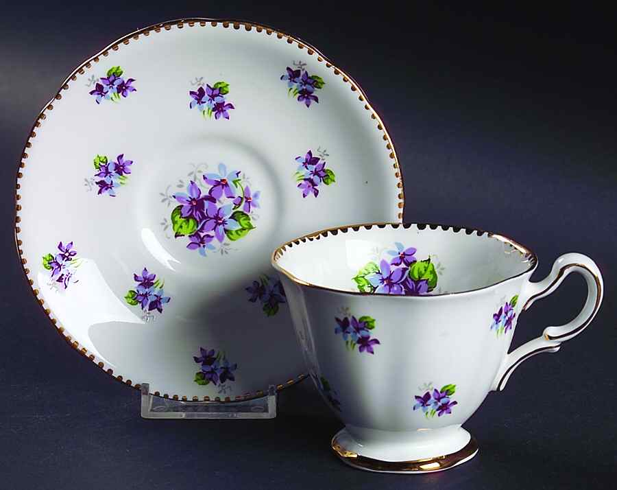 Sweet Violets (Not Embossed, Gold Drops Edge) Footed Cup & Saucer Set by Royal Stafford-1