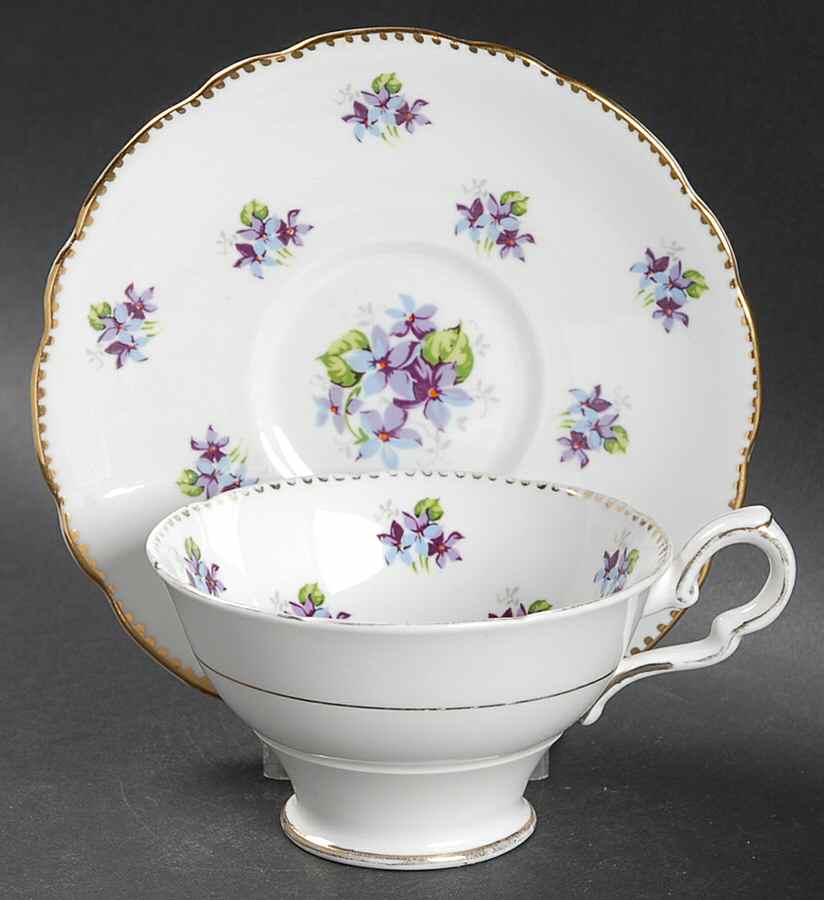 Sweet Violets (Not Embossed, Gold Drops Edge) Footed Cup & Saucer Set by Royal Stafford-1