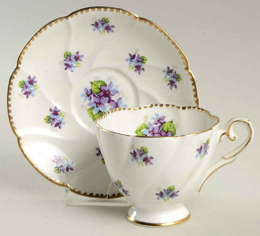 Sweet Violets (Not Embossed, Gold Drops Edge) Footed Cup & Saucer Set by Royal Stafford-1