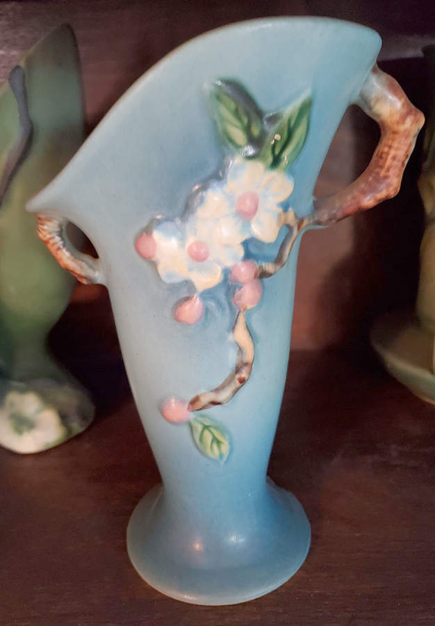 Apple Blossom Blue 7" Handled Vase by Roseville-1