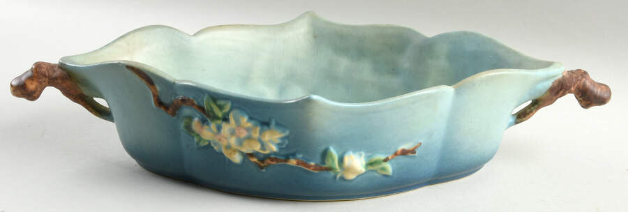 Apple Blossom Blue 12" Oval Handled Bowl by Roseville-1