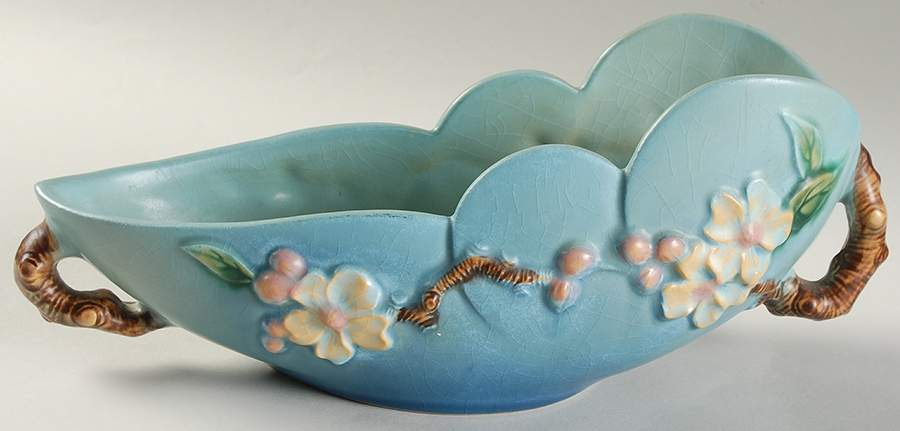 Apple Blossom Blue 10" Oval Scalloped Bowl by Roseville-1