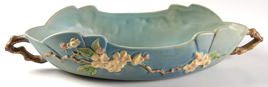 Apple Blossom Blue 14" Oval Handled Bowl by Roseville-1