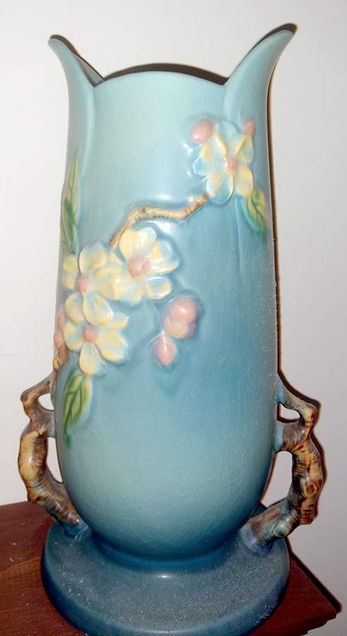 Apple Blossom Blue 10" Footed Vase by Roseville-1
