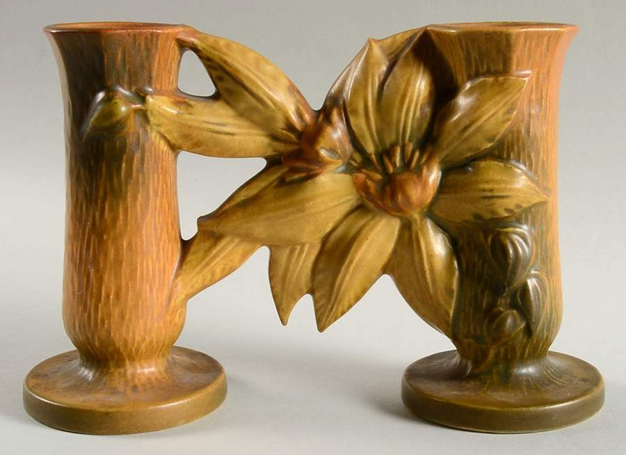 Clematis Autumn Brown 5" Gate Vase (Double Bud) by Roseville-1