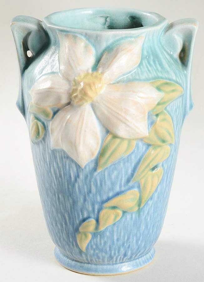 Clematis Ciel Blue 7" Handled Vase by Roseville-1