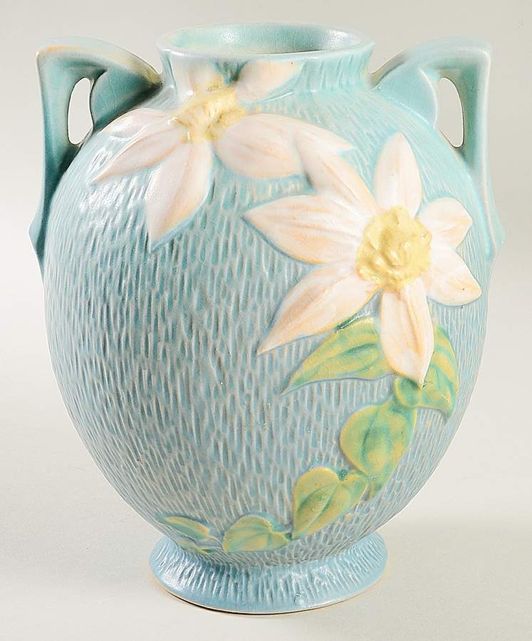 Clematis Ciel Blue 8" Handled Vase by Roseville-1