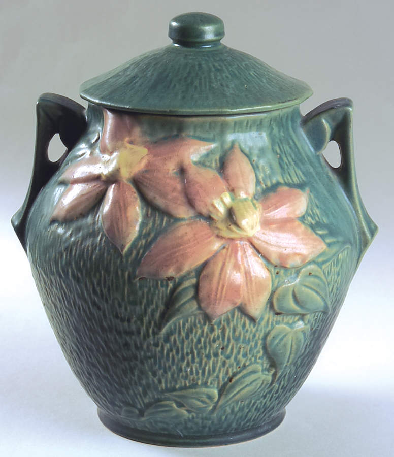Clematis Forest Green Cookie Jar & Lid by Roseville-1
