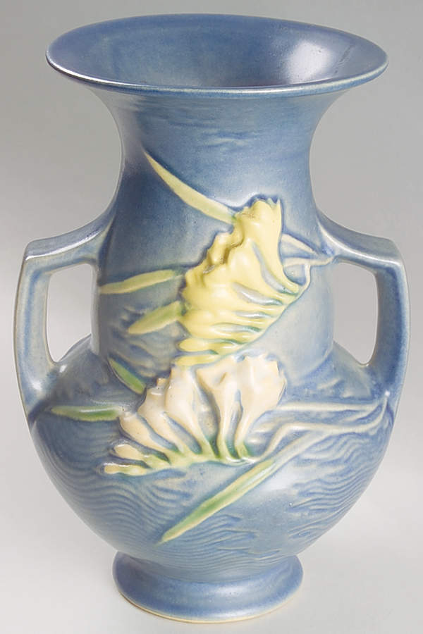 Freesia Delft Blue 8" Handled Vase by Roseville-1