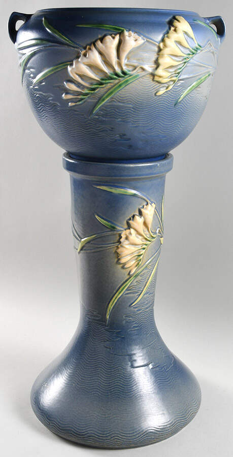 Freesia Delft Blue 8" Jardiniere & Stand by Roseville-1