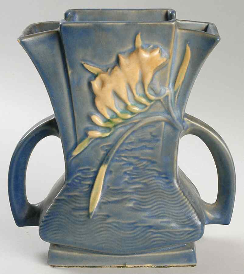 Freesia Delft Blue 7" Fan Vase by Roseville-1