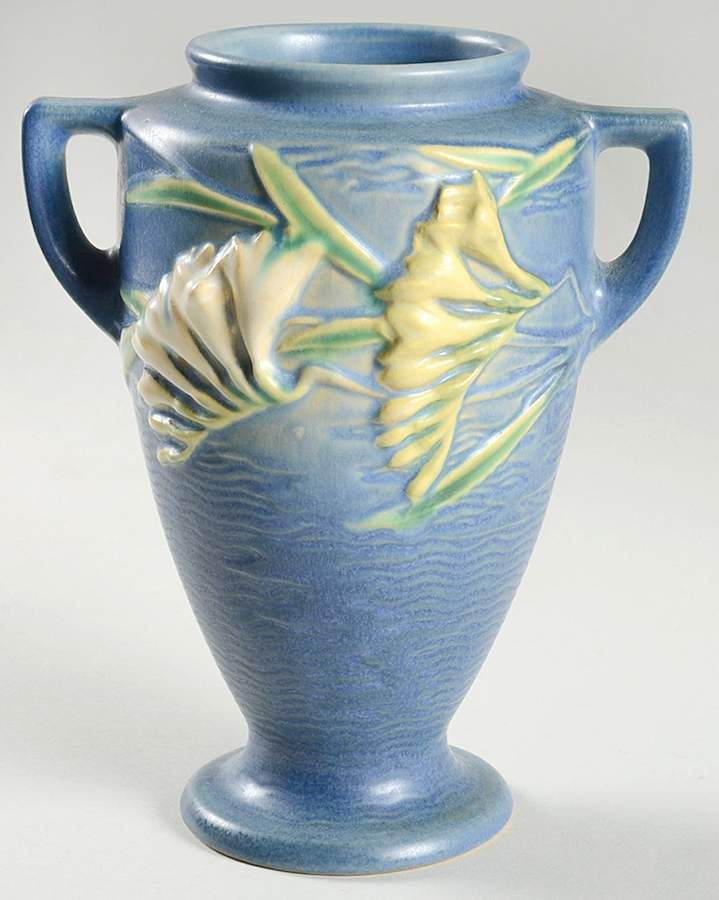 Freesia Delft Blue 8" Handled Footed Vase by Roseville-1