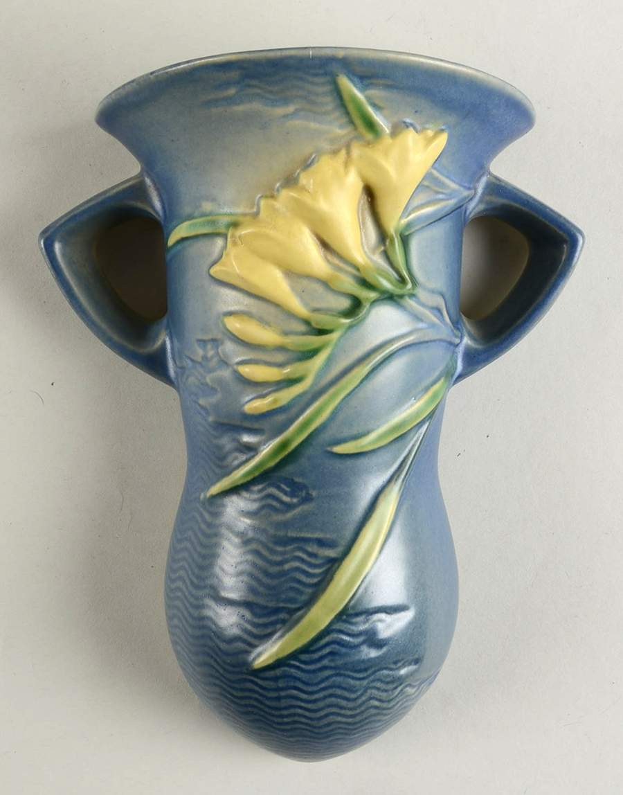 Freesia Delft Blue 8" Wall Pocket Vase by Roseville-1