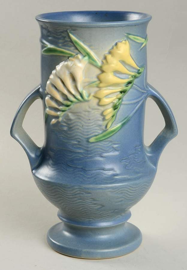 Freesia Delft Blue 9" Handled Vase by Roseville-1