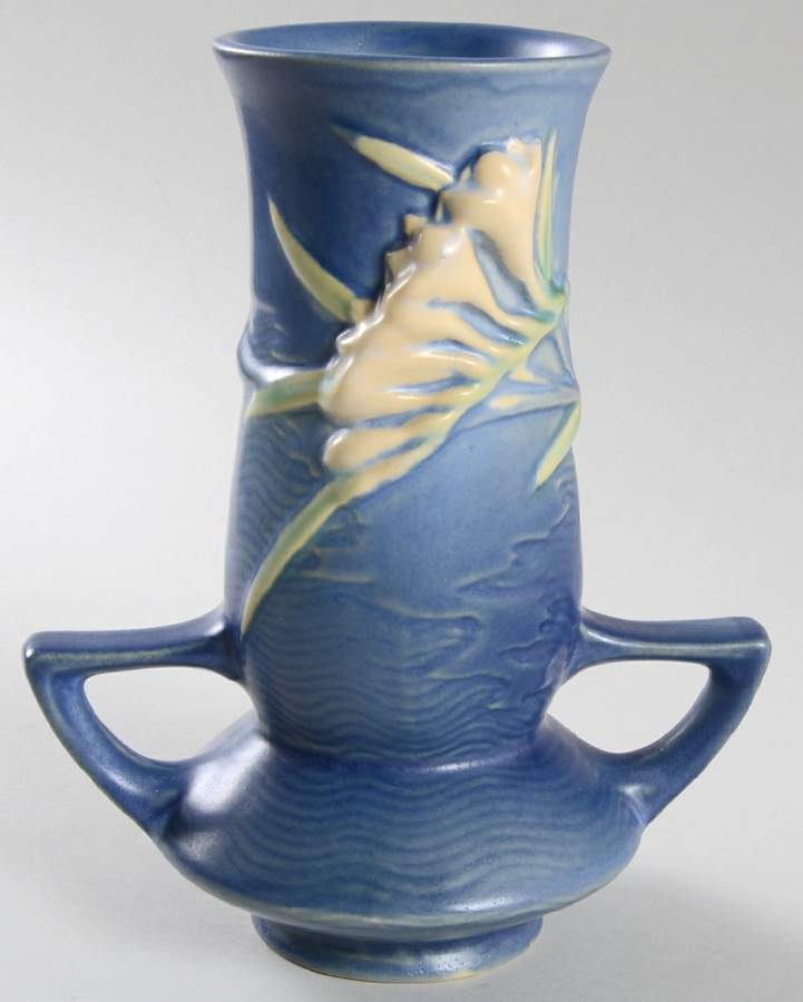 Freesia Delft Blue 7" Handled Vase by Roseville-1