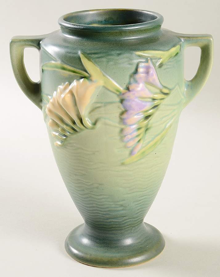 Freesia Green 8" Handled Footed Vase by Roseville-1