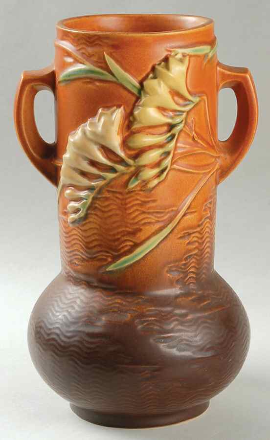 Freesia Tangerine 10" Handled Vase by Roseville-1