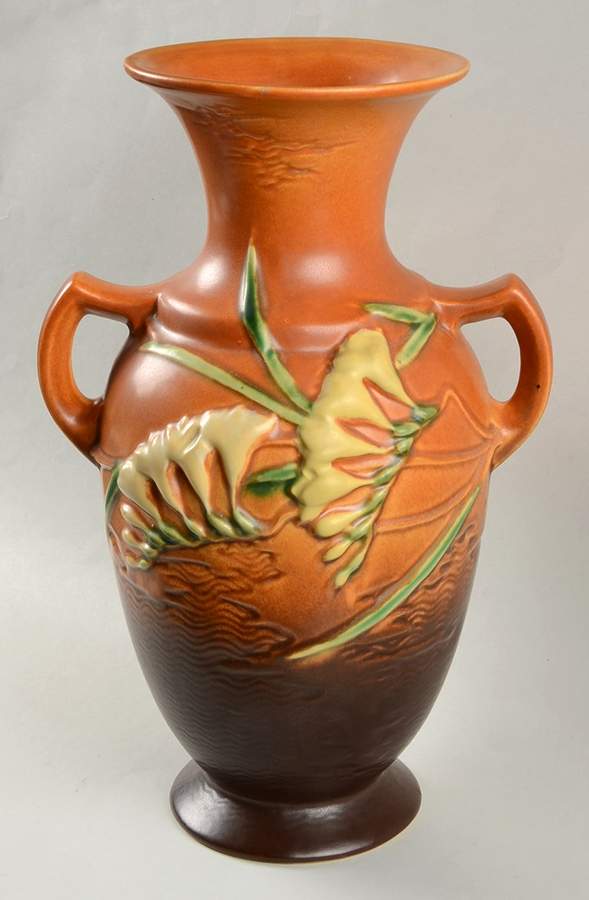 Freesia Tangerine 12" Handled Vase by Roseville-1
