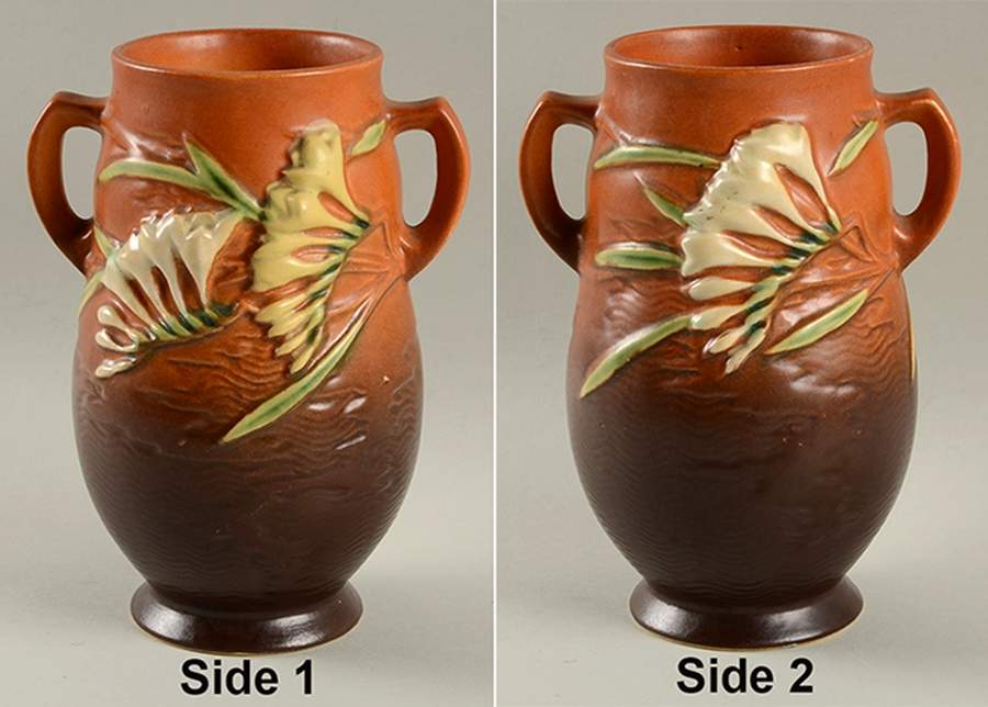 Freesia Tangerine 7" Handled Vase by Roseville-1