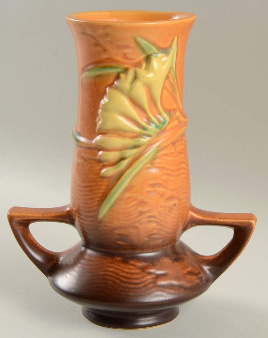 Freesia Tangerine 7" Handled Vase by Roseville-1