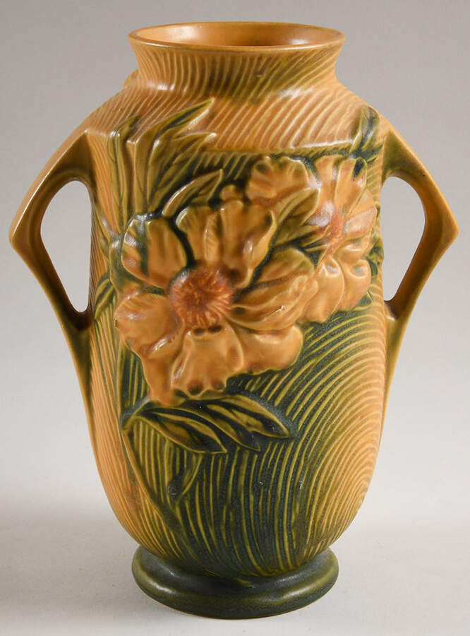 Peony Sienna Brown (Yellow) 9" Handled Vase by Roseville-1