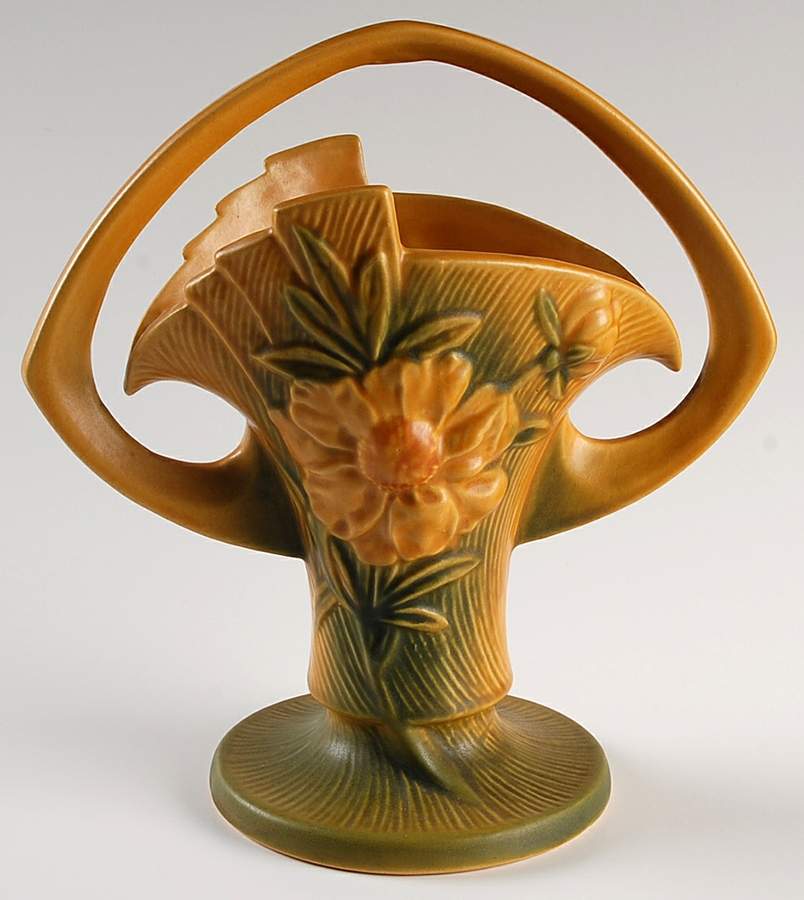 Peony Sienna Brown (Yellow) 10" Handled Basket by Roseville-1