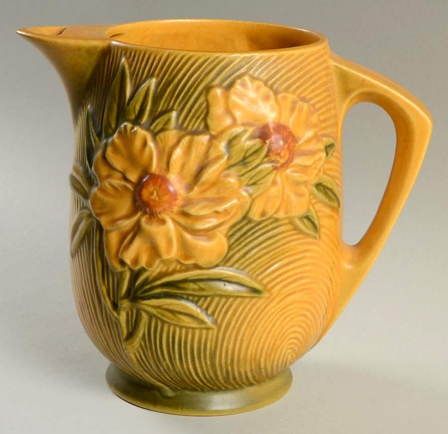 Peony Sienna Brown (Yellow) Ice Lipped Pitcher by Roseville-1