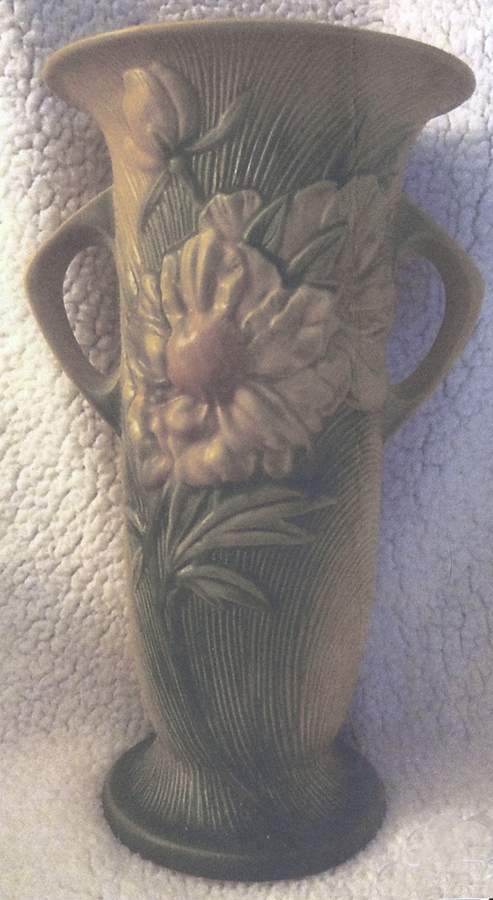 Peony Sienna Brown (Yellow) 15" Handled Vase by Roseville-1