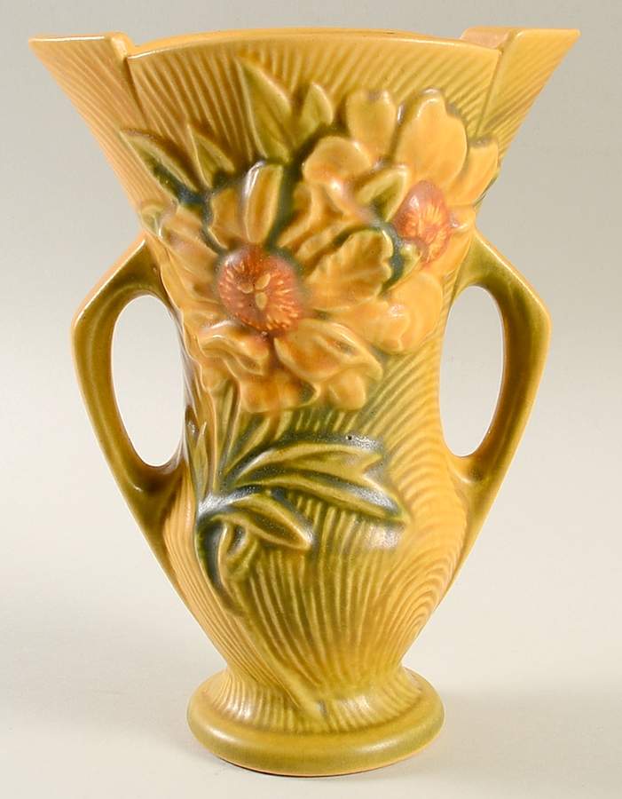Peony Sienna Brown (Yellow) 7" Flared Vase by Roseville-1