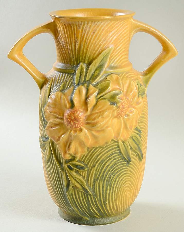 Peony Sienna Brown (Yellow) 9" Handled Vase by Roseville-1