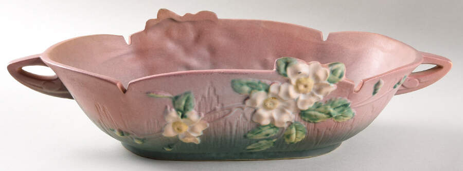 White Rose Pink and Green 14" Oval Handled Bowl by Roseville-1