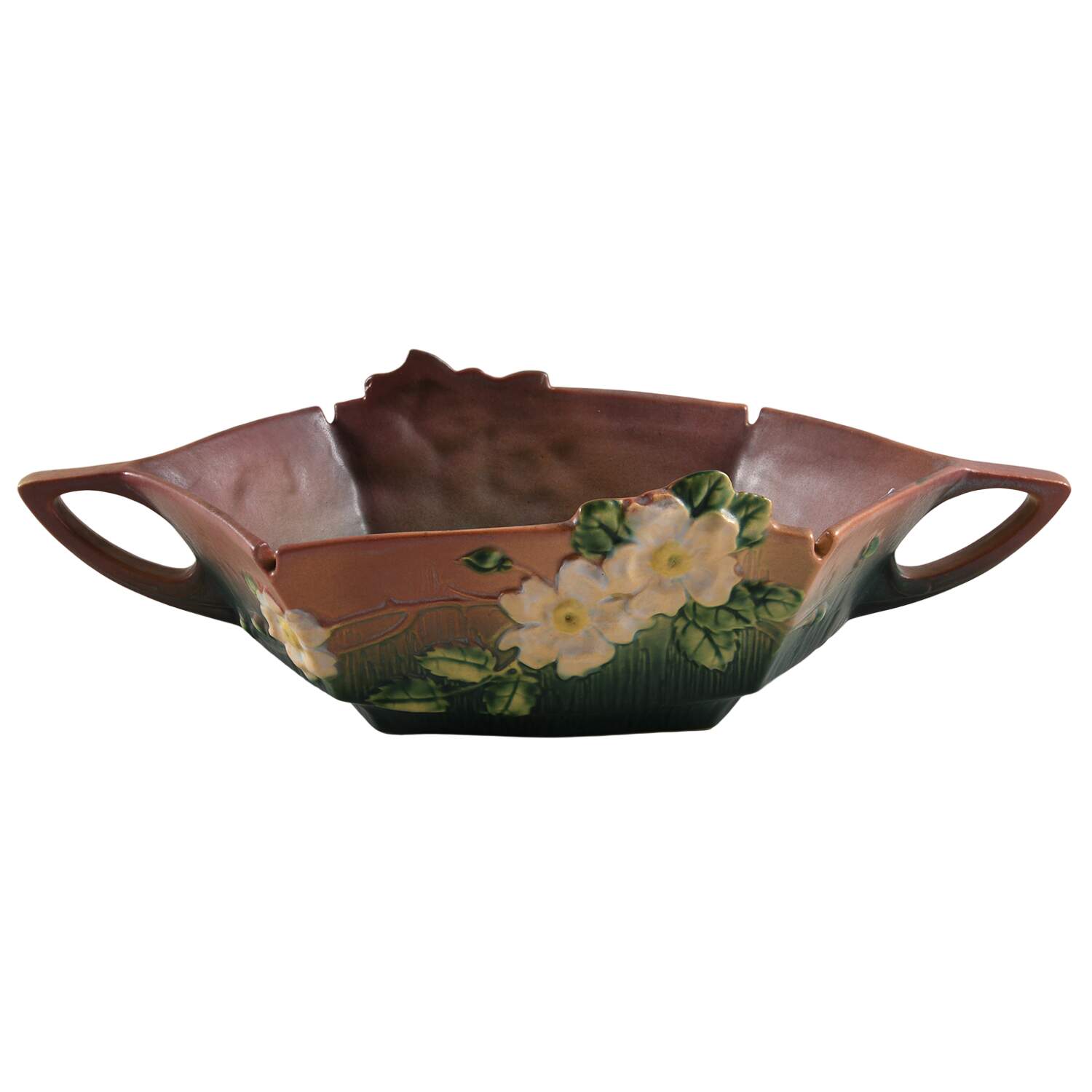 White Rose Pink and Green 12" Oval Handled Bowl by Roseville-1