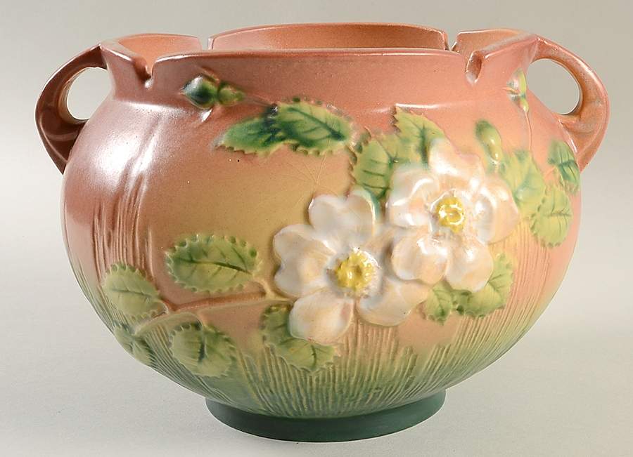 White Rose Pink and Green 6" Jardiniere by Roseville-1