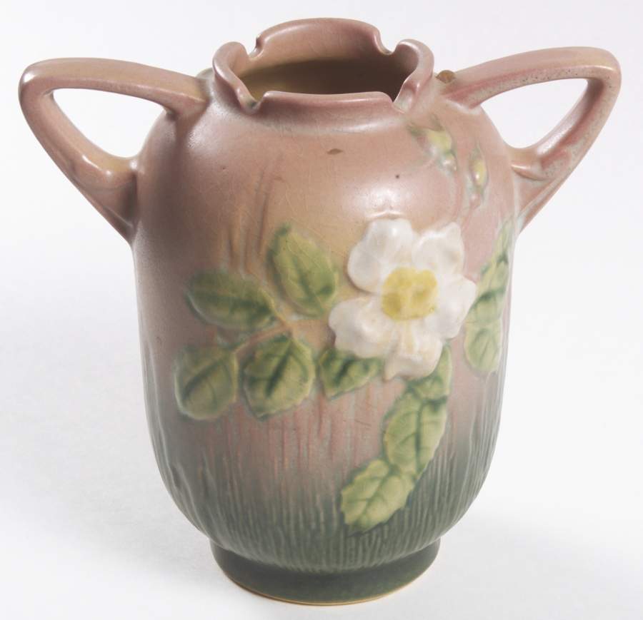 White Rose Pink and Green 6" Handled Vase by Roseville-1