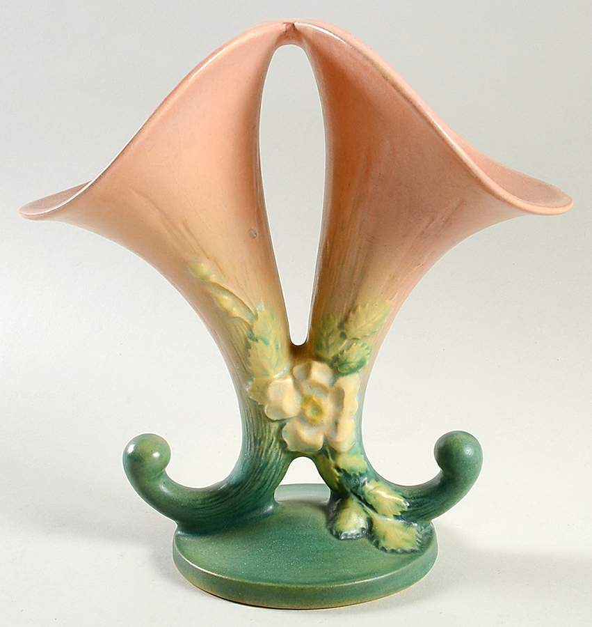 White Rose Pink and Green Double Cornucopia by Roseville-1
