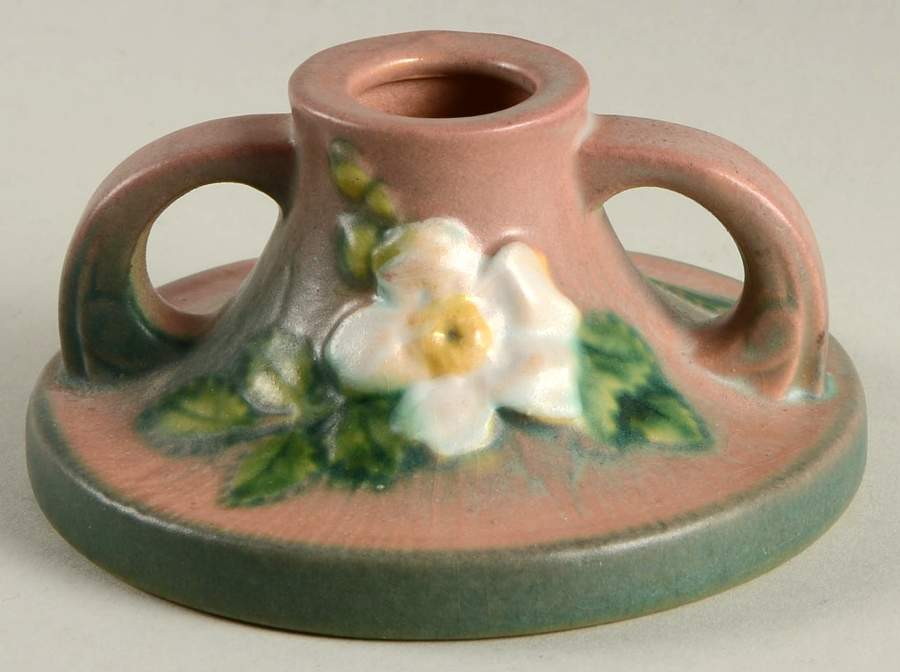 White Rose Pink and Green Single Light Candlestick by Roseville-1
