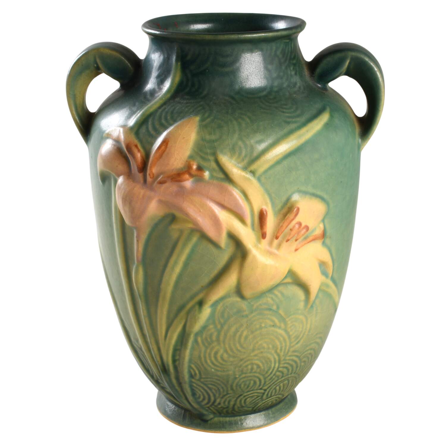 Zephyr Lily Evergreen 8" Handled Vase by Roseville-1