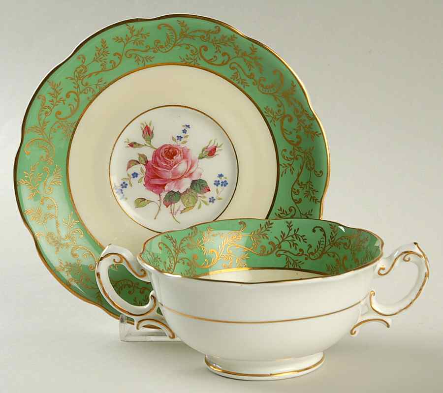 Swansea Rose Green Footed Cream Soup Bowl & Saucer Set by Royal Swansea-1