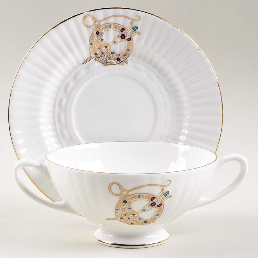 Tara Brooch (Smooth, Ribbed Rim) Footed Cream Soup Bowl & Saucer Set by Royal Tara-1