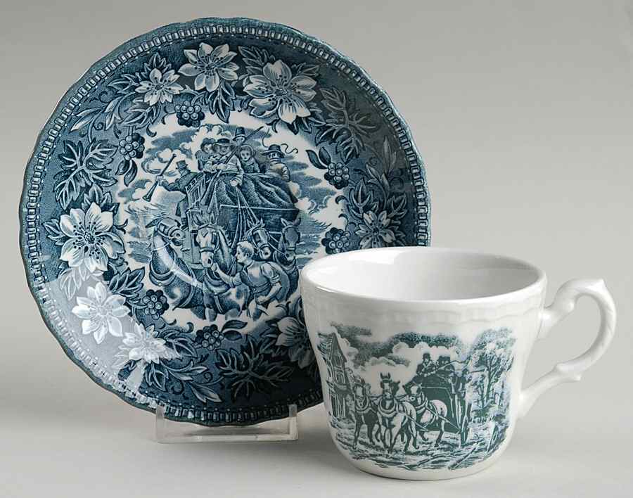 Coaching Taverns Teal Green Flat Cup & Saucer Set by Royal Tudor-1