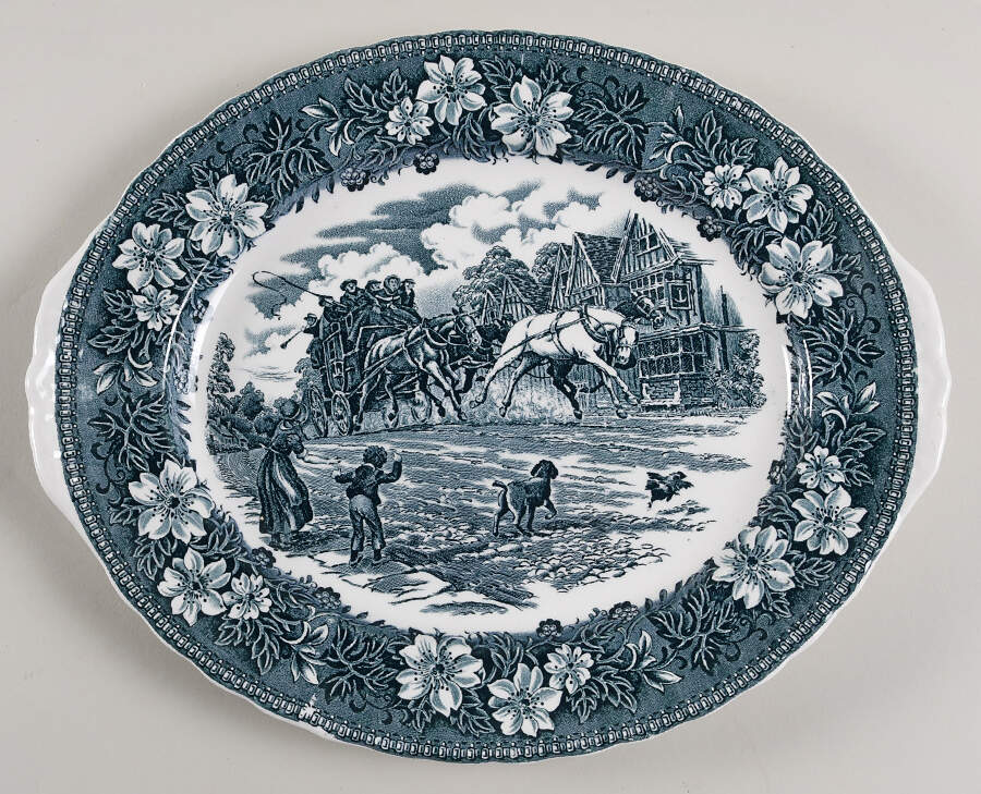 Coaching Taverns Blue 12" Oval Serving Platter by Royal Tudor-1
