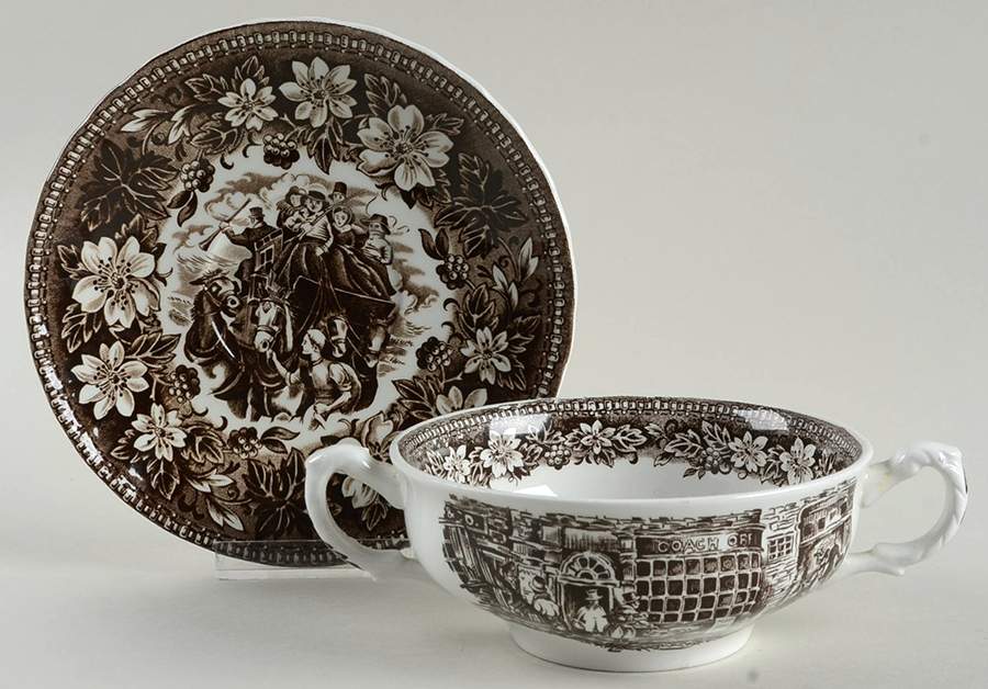 Coaching Taverns Brown Flat Cream Soup Bowl & Saucer Set by Royal Tudor-1