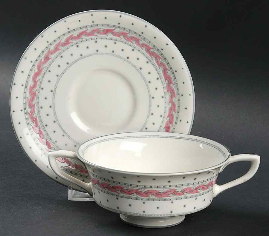 Alpine Pink Footed Cream Soup Bowl & Saucer Set by Royal Worcester-1