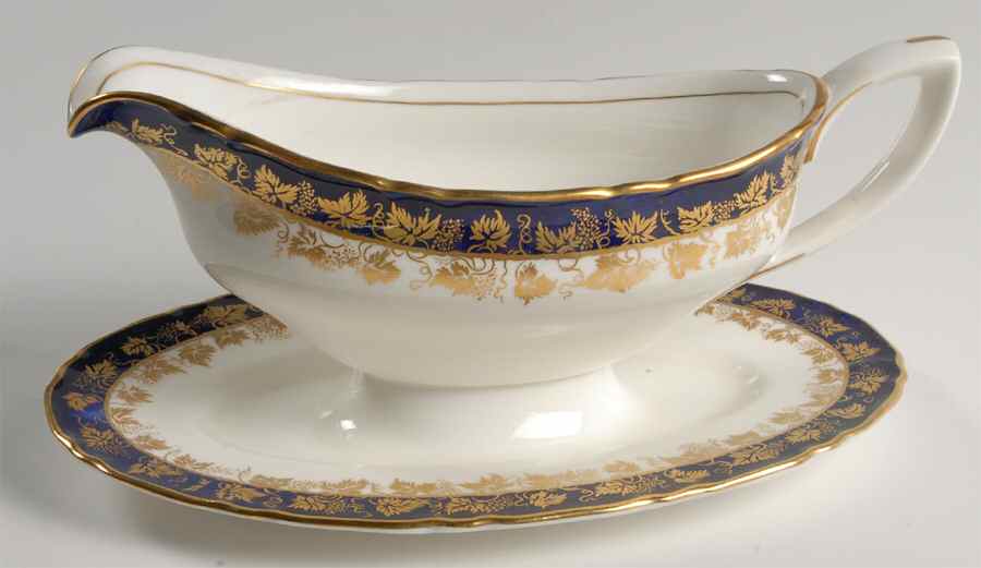 Arundel Blue (Scalloped) Gravy Boat with Attached Underplate by Royal Worcester-1