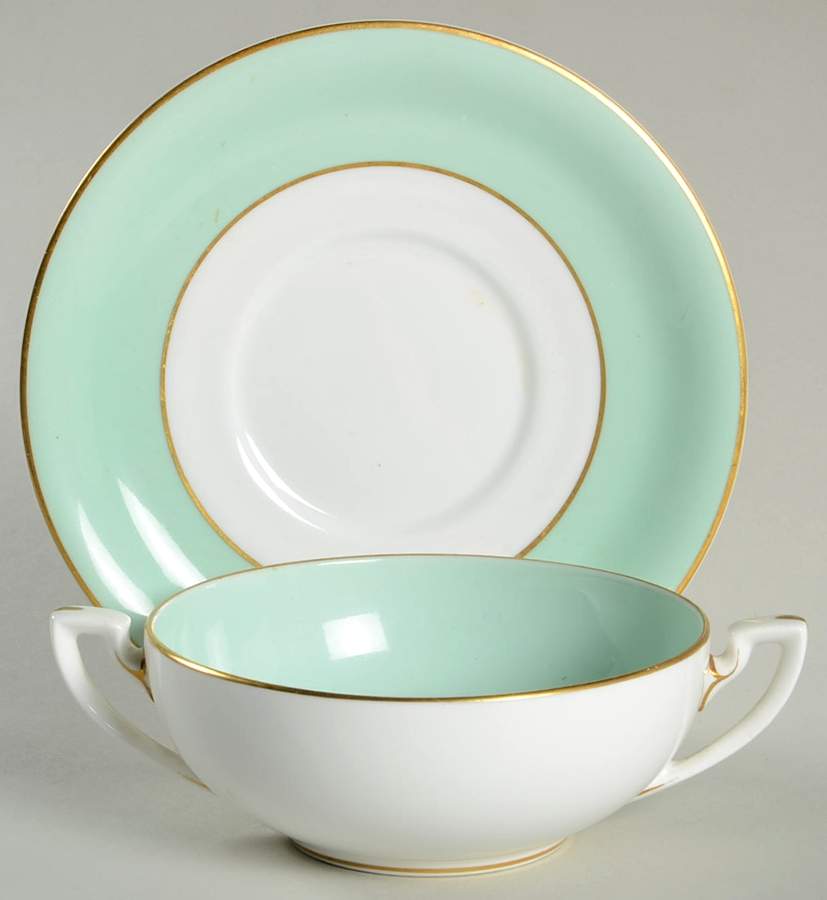 Asprey Pale Green Flat Cream Soup Bowl & Saucer Set by Royal Worcester-1