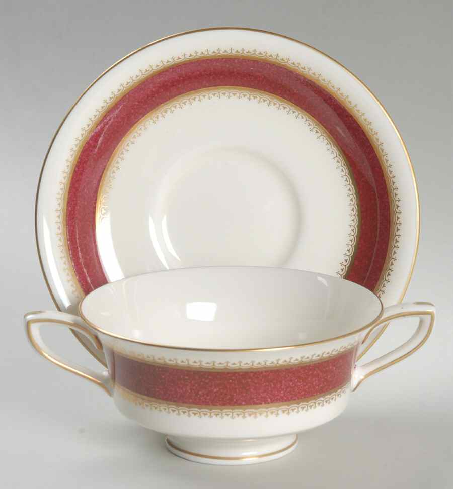 Belvoir Red Footed Cream Soup Bowl & Saucer Set by Royal Worcester-1