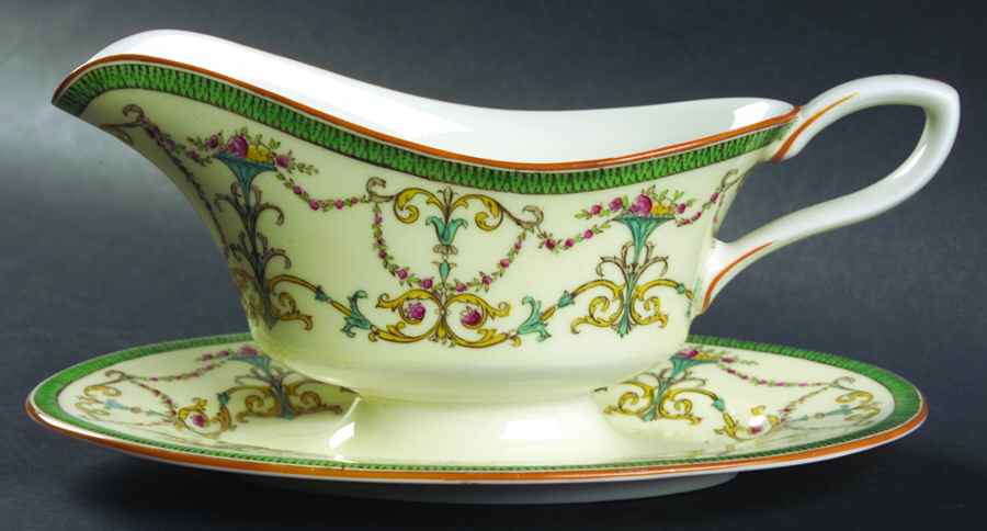 Bessborough Green Gravy Boat with Attached Underplate by Royal Worcester-1
