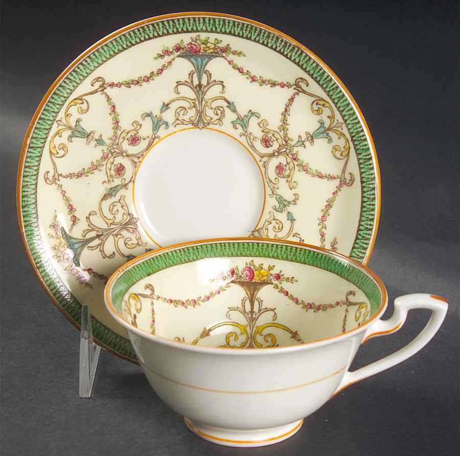 Bessborough Green Footed Cup & Saucer Set by Royal Worcester-1