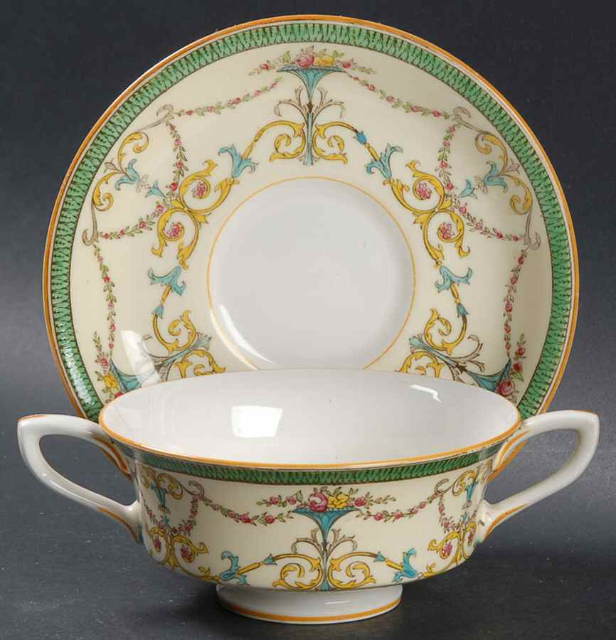 Bessborough Green Footed Cream Soup Bowl & Saucer Set by Royal Worcester-1